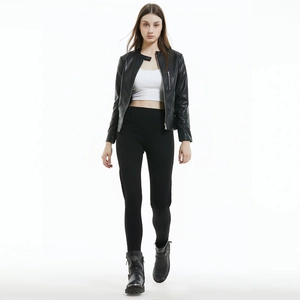 Women's black motorcycle leather jacket with slim fit and durable metal zip closure