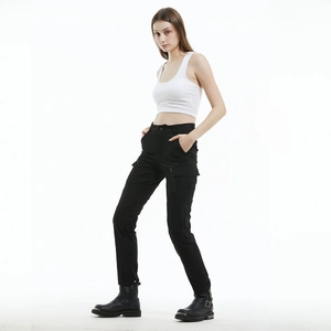 Schmale schwarze Cargo-Motorradhose für Damen mit Seitentaschen und taktischem Design