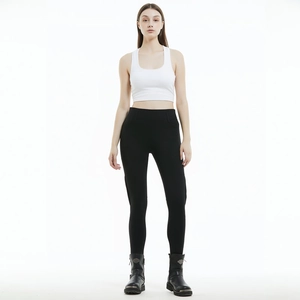 Women's protective motorcycle jeans with slim-fit moto pants and white rib crop top