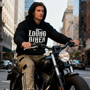 Men's motorcycle hoodie in black with khaki cargo pants for urban outdoor riding style