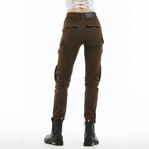 Women's slim fit dark brown motorcycle cargo pants with protective gear and back pockets