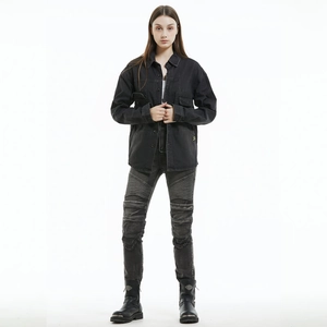 Women's vintage distressed motorcycle denim set with protective riding pants and jacket