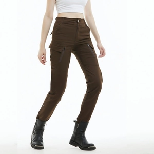 Detailed view of women's slim-fit motorcycle cargo pants with large flap side pockets