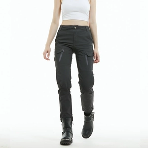 Front view of slim fit black motorcycle cargo pants with tactical multi-pockets and zippers