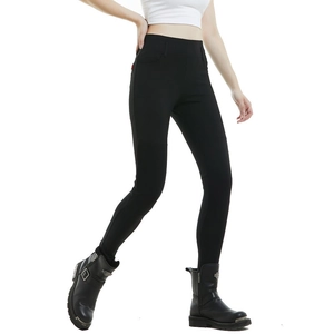 Detail view of high-waist women's motorcycle jeans with elastic fabric and slim fit