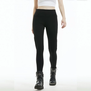 Detail view of women's slim-fit motorcycle riding pants with high-waist stretch design