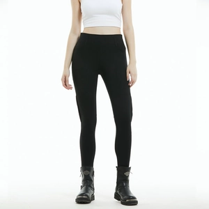 Detail of high-waist women's motorcycle jeans in elastic wear-resistant black fabric