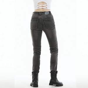 Slim fit dark grey motorcycle jeans with protective knee pleats and leather logo patch