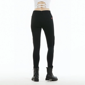 Women's black slim-fit motorcycle jeans with high waist and back red tag detail