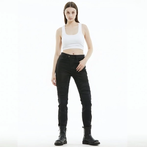 Close-up of women motorcycle jeans with protective knee pleats and mesh ventilation