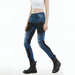 Women's blue mesh motorcycle jeans with black panels and knee armor padding