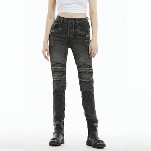 Detail view of motorcycle jeans featuring accordion stretch panels and armored knee design