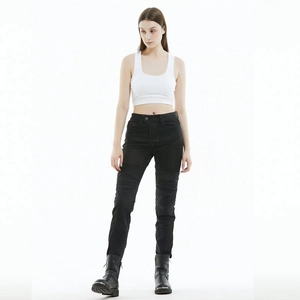 Women's black mesh motorcycle jeans with breathable stretch fabric and knee pleat design