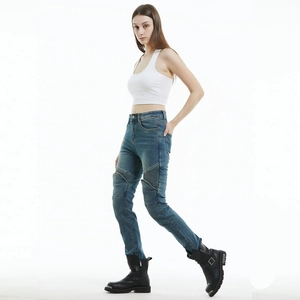Women's blue washed motorcycle jeans with reinforced knee pleats and protective fit