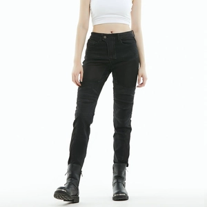 Detail of black motorcycle jeans for women showing accordion panels on knees for protection