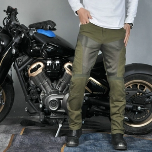 Men's green mesh motorcycle jeans with stretch knee panels and protective pads