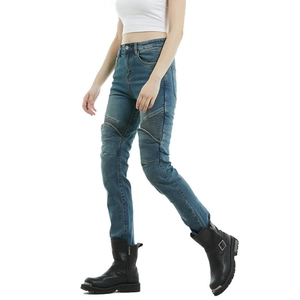 Detail of female motorcycle jeans featuring ribbed moto detailing and slim-fit denim texture