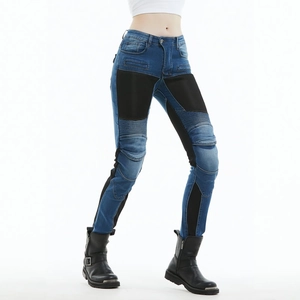 Detail of blue and black mesh motorcycle jeans for women with protective knee pads