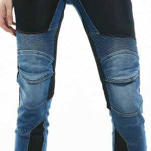 Detail of motorcycle jeans featuring accordion stretch panels and breathable mesh inserts