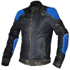 Veste de moto d'été en mesh respirant avec motif camouflage et protections bleues