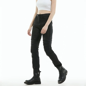 Close-up of black mesh motorcycle jeans with flexible pleated knee panels for women
