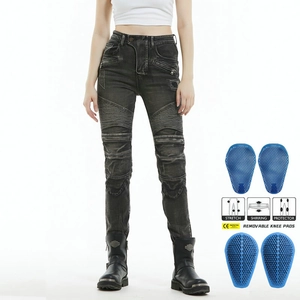 Women Motorcycle Riding Pants Retro Distressed Washed Biker Jeans With Removable Protective Gear Slim Fit Biker Trousers