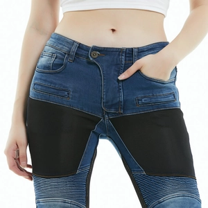 Detail of mesh panel and accordion stretch panels on women's motorcycle riding jeans