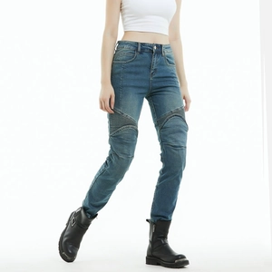 Women's blue motorcycle jeans with protective knee pleats and slim-fit riding style