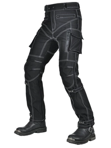 Pantaloni da moto impermeabili neri con cuciture bianche a contrasto e tasche stile cargo