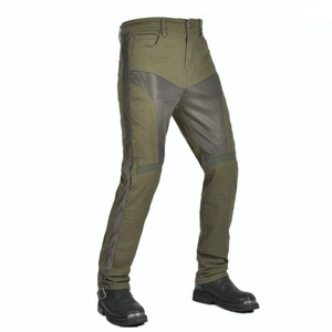 Army green mesh motorcycle riding jeans for men with reinforced panels and straight cut