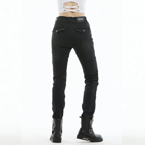 Women's black mesh motorcycle jeans with protective knee panels and slim fit design