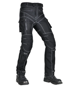 Pantaloni da moto impermeabili con cuciture a contrasto bianche e protezioni integrate