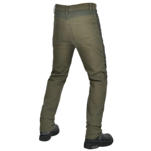 Detail view of olive green motorcycle jeans with reinforced back pockets and tactical style