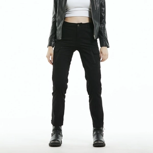 Close-up of black motorcycle cargo pants with slim fit and side flap pockets