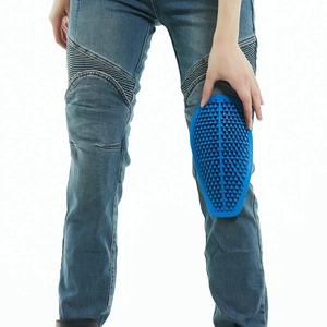 Women motorcycle jeans with blue honeycomb silicone knee protectors for impact safety