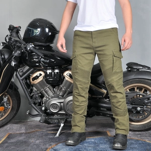 Detail view of military green motorcycle cargo pants with knee pleats and side flap pockets