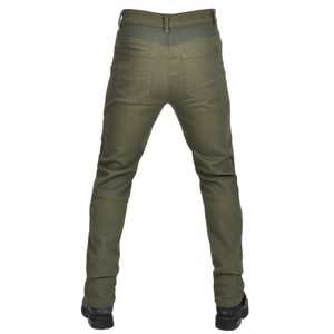 Rear view of olive green motorcycle jeans with mesh panels and slim fit design