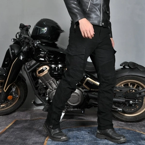 Detail of motorcycle cargo pants featuring flexible knee pleats and large side pockets