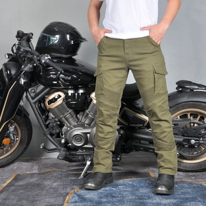 Detail of army green cargo motorcycle pants showing knee stretch panels and large side pockets