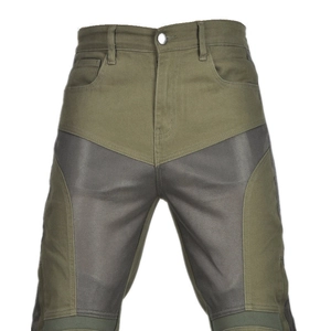 Detail view of motorcycle jeans with breathable mesh panels in military green and grey