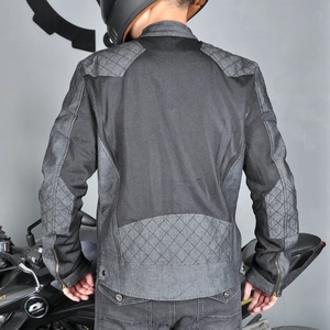 Detailed back view of breathable mesh motorcycle jacket with quilted shoulder reinforcements