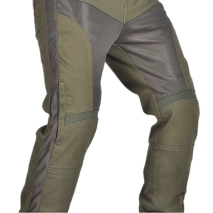 Detail of army green motorcycle jeans with mesh panels for ventilation and knee reinforcement