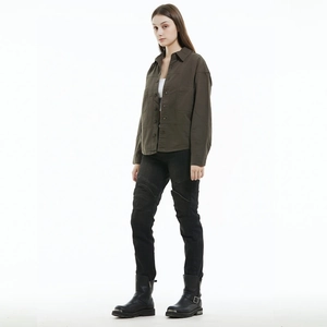 Women's motorcycle riding jeans in black with protective knee pleats and slim fit