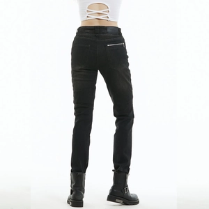 Women's black slim fit motorcycle jeans with protective Kevlar and rear zipper detail