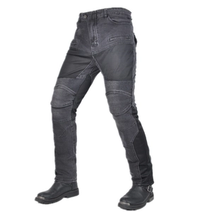 Jeans de moto en denim gris respirant avec protections aux genoux et panneaux extensibles