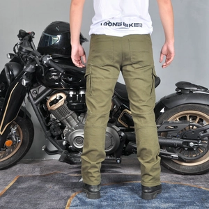 Rear view of army green motorcycle cargo pants with tactical pockets and slim fit design