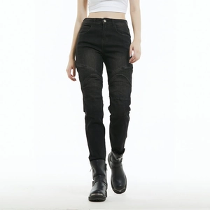 Detail of black motorcycle jeans for women showing ribbed knee panels and slim fit style