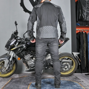 Back view of mesh motorcycle jacket and riding jeans set with protective padding