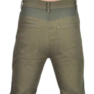 Detail of army green motorcycle jeans showing elastic waistband and back pockets