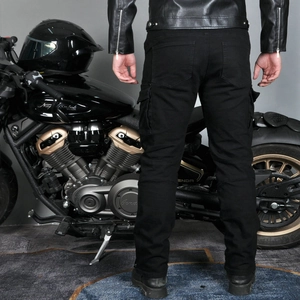 Rear view of black motorcycle cargo pants with functional pockets and protective design